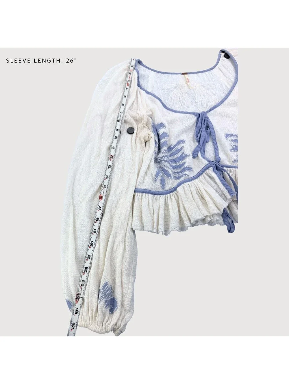 Free People Lookout Tie Front Embroidered Top Ivory Blue L